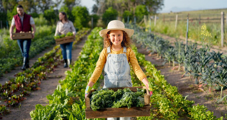 Little girl, farm and agriculture in green harvest for sustainability, organic and production in...
