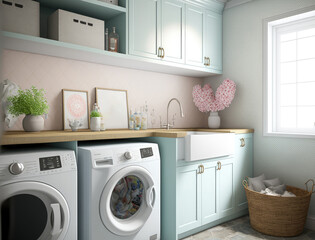 Interior design of the laundry room with furnishings and accents. Generative AI