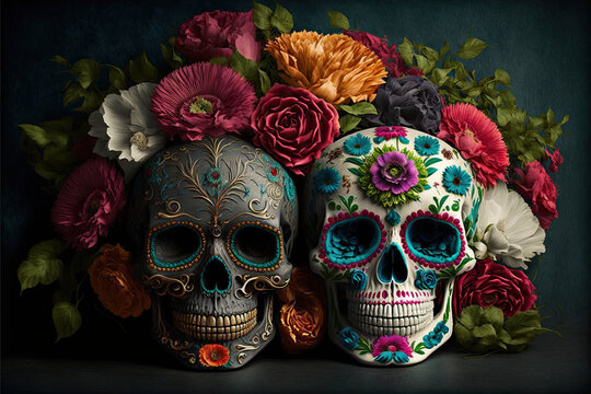 Day of the Dead celebration Sugar Skulls and Flowers