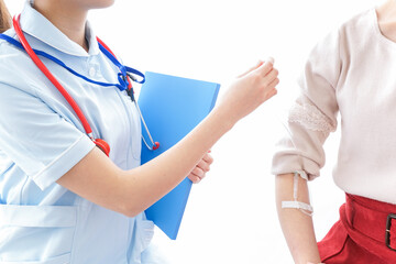 点滴をする女性と看護師