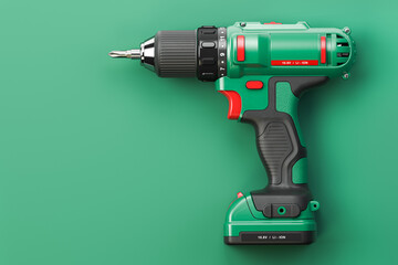 Green electric screwdriver drill on green background with space for text. - obrazy, fototapety, plakaty
