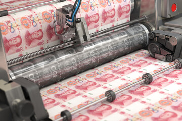 Printing money  yuan of China bills on a print machine in typography.. Finance, tax, stock market and investment, making money concept.