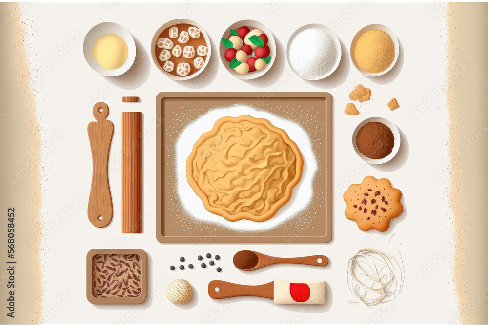 Poster White background with top view of dough and baking materials. Generative AI