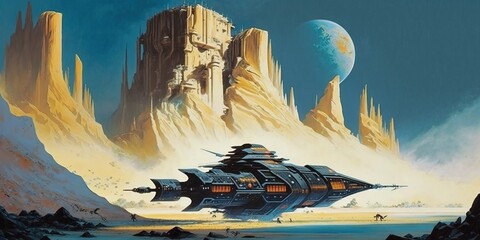 Sci-fi spaceship in the desert. Watercolour painting. Generative AI.
