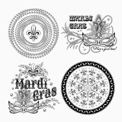 Set of 4 black and white labels with text for carnival Mardi Gras decoration in vintage style on white background. For prints, clothing, t shirt, holiday goods, stuff, surface design.