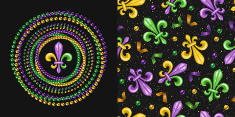 Set of round ornament, seamless pattern for Mardi gras carnival decoration. Fleur de lis, string of beads, confetti on dark background. For prints, clothing, t shirt, holiday goods, stuff - obrazy, fototapety, plakaty