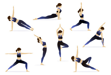 Big set of vector silhouettes of woman doing yoga exercises. Colored icons of a girl in many different yoga poses isolated on white background. Yoga complex. Fitness workout.