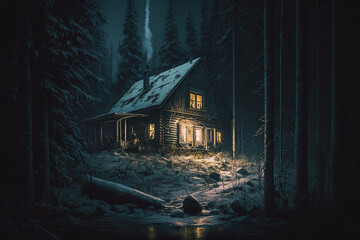 Isolated log cabin in the deep dark woods at night - created with Generative AI