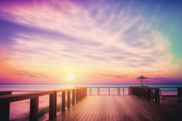 Fototapeta premium The blur pastels gradient sunset background on soft nature sunrise peaceful morning beach outdoor. heavenly mind view at a resort deck touching sunshine, sky summer clouds. Generative AI