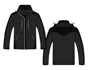 Black hooded outdoor jacket template. Vector illustration
