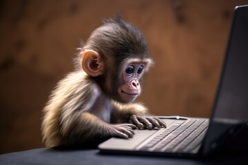 cute baby monkey working on laptop