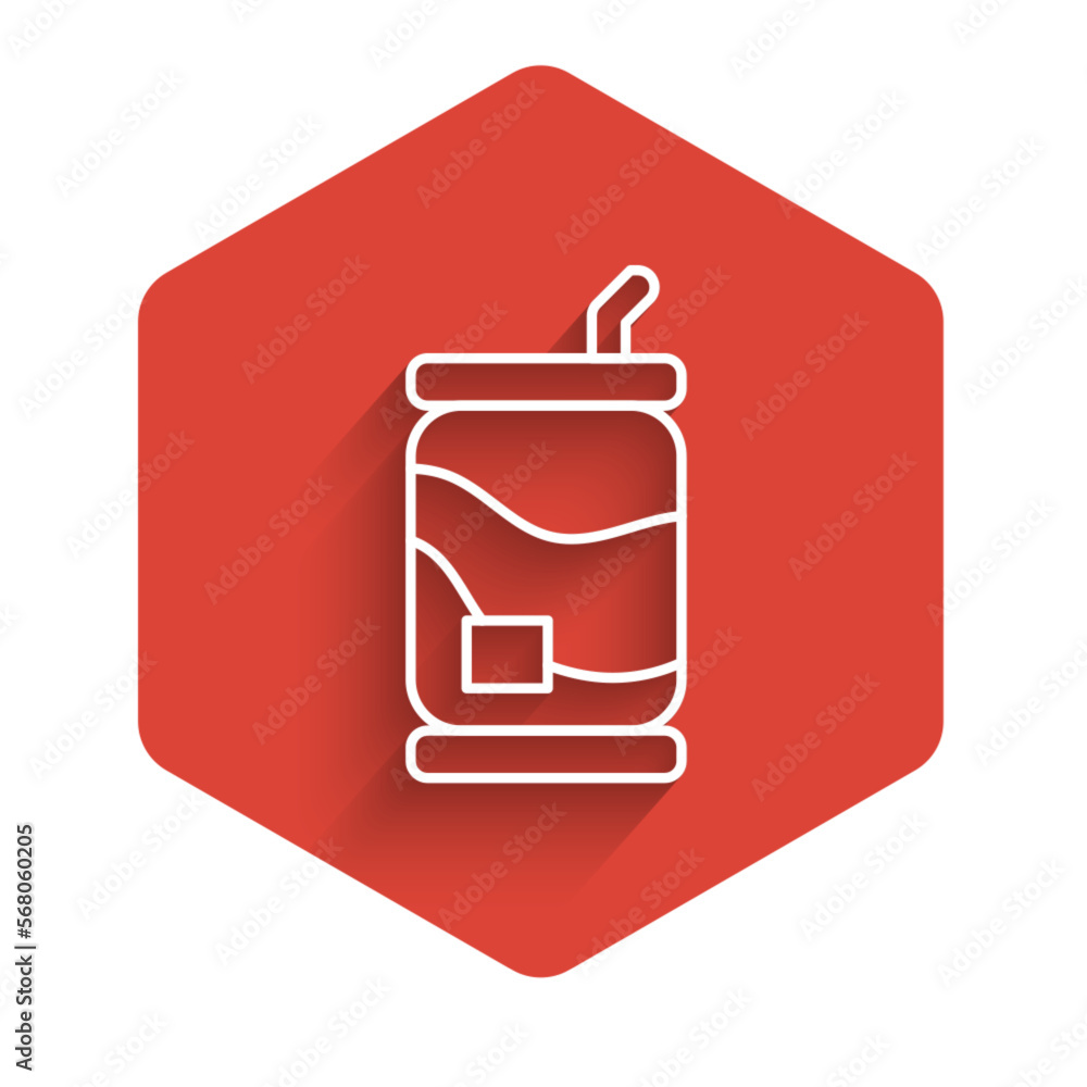 Poster white line soda can icon isolated with long shadow background. red hexagon button. vector