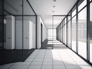 Vacant office space with glass doors and walls. Generative AI