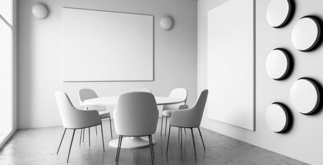 Modern conference room with a table and seats and a blank white wall. Concept of the workplace and lifestyle. Generative AI
