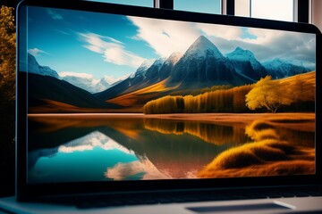 A laptop with beautiful landscape of lake and mountain as a wallpaper