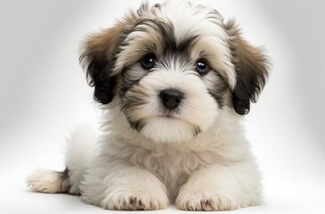 On a white background, a cute havanese puppy dog is sitting frontally and looking at the camera. Generative AI