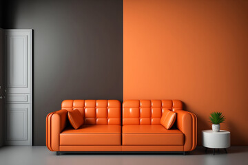 Orange leather sofa and decoration minimal on two tone wall. Orange sofa. Idea for interior design. AI
