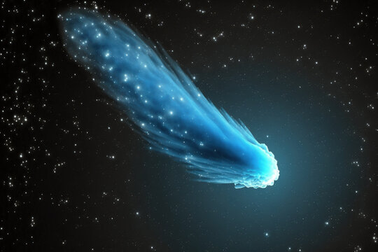 Blue comet against the background of dark space. Elements of this image were furnished by NASA. High quality photo. Generative AI