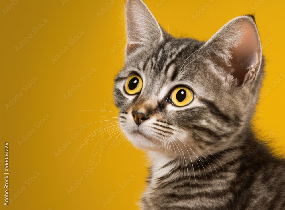 Poster on a yellow background with copy space, a small tabby kitten. isolated gray cat with copy space on a
