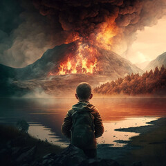 Boy looking at mountains on fire, apocalypse scenery
