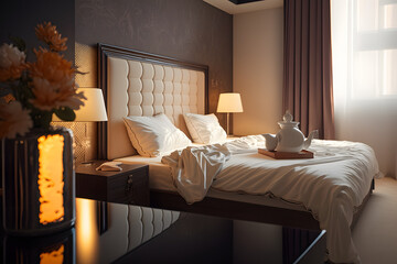 Modern classic bedroom 3d render.The rooms have wooden floors and white walls.Furnished with black wood furniture. There are large window overlooking to outside.