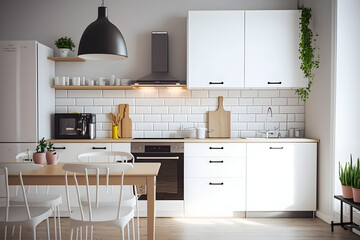 Modern new light interior of kitchen with white furniture and dining table - obrazy, fototapety, plakaty