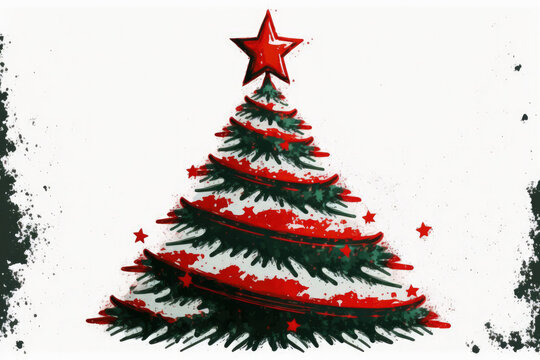 Christmas tree drawn with a brush with a red star on top on a white isolated background. Generative AI