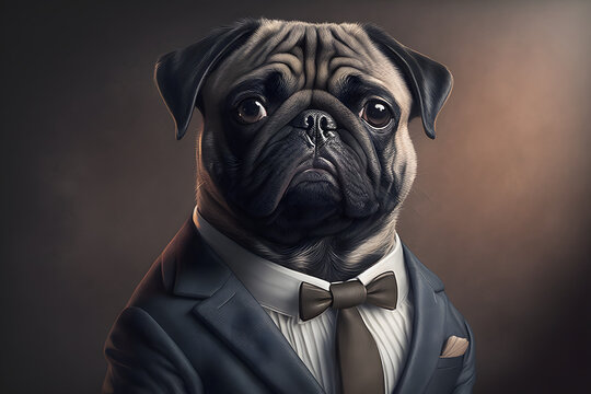 Portrait of a pug dog dressed in a formal business suit.