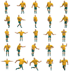 An athlete wearing a yellow shirt and green pants is expression of body or doing exercise. 3d rendering of cartoon character in acting.