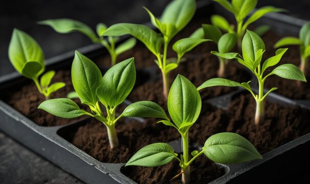 seedlings of agricultural tobacco. Tobacco seedlings in a seedling tray. Concept of smoke with the young Nicotiana rustica plant. Generative AI