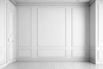 Obraz na płótnie Canvas White, paneled walls in a classic, modern setting with a wooden floor. mock up for an illustration. Generative AI