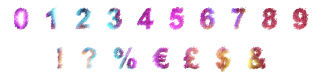 Cloud numbers on transparent background. Numbers and symbols made of clouds. Colorful set of different symbols and all numbers in shape of smoke or clouds.