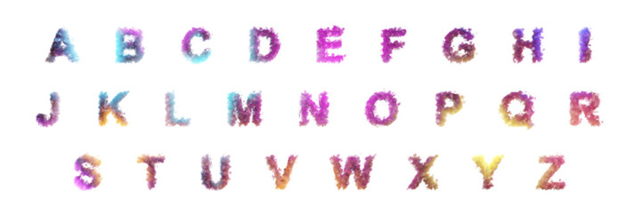 Cloud letters on transparent background. Font made of clouds. Colorful uppercase alphabets in shape of smoke or clouds.