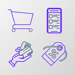 Set line Discount percent tag, Human hand holding with credit card, Online shopping on mobile phone and Shopping cart icon. Vector