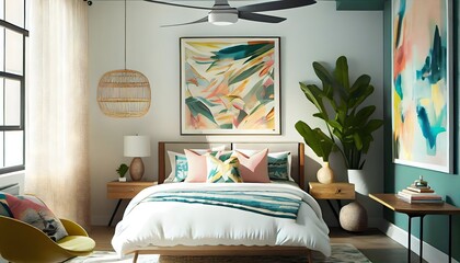 A Touch of the Tropics MidCentury Modern Bedroom, generative ai, tropical, apartment, wood, decoration