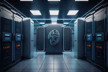Modern technology Data center server room service with brain icon. Telecommunication , Generative AI illustrations.