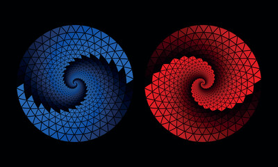 Blue and Red triangles in circle spiral as background or icon, logo, tattoo. Yin and yang symbol. Shapes with only one color and different opacity.