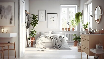 ナチュラルアクセントスカンジナビアの寝室、ジェネレーティブai、白い色と塗料の装飾 generative ai