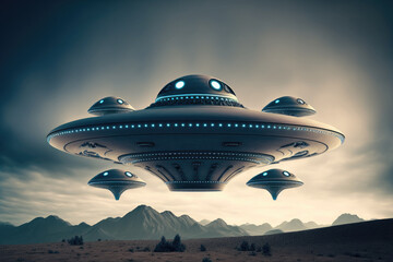 Fototapeta na wymiar UFO in numerous perspective adjusted photos for science fiction artwork, intergalactic distant space travel, or other purposes. Clipping path is present in the document. Generative AI