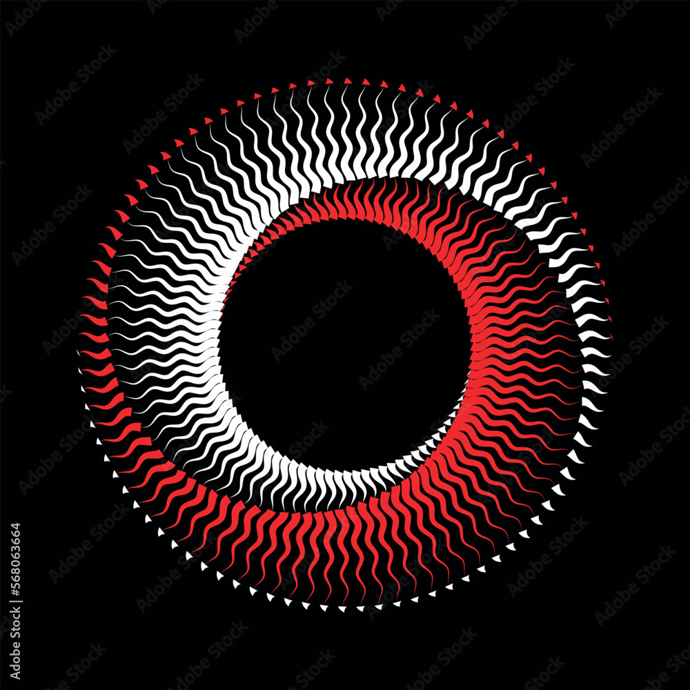 Poster Spiral with wave lines in circle as endless symbol. Abstract geometric art line background, logo or icon. Black and Red lines like yin and yang symbol.