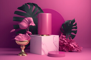 The color of the year 2023 is viva magenta. pedestal display featuring gifts, rose flowers, and a palm leaf. Cosmetic and beauty product pedestal. feminine copy space for Valentine's Day. Generative