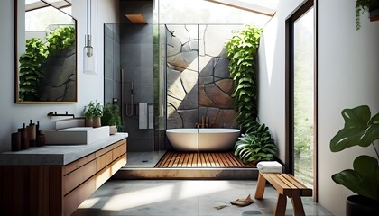 風光明媚な森、ジェネレーティブ AI、ネイチャーズ タッチ アン アースで心地よいバスルームに囲まれた、日本式のリラックスできる温泉 generative ai