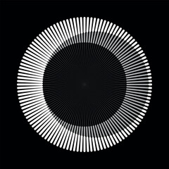 Circle with radial lines as icon or logo. Halftone white design element on black background.