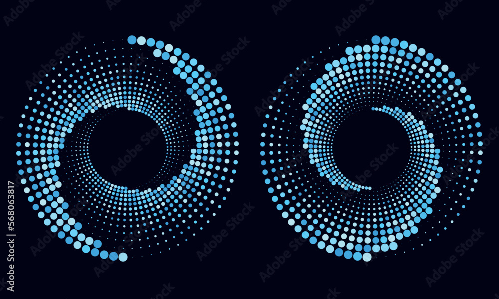 Aufkleber halftone spiral as icon or background. abstract blue vector circle frame with dots as logo or emblem