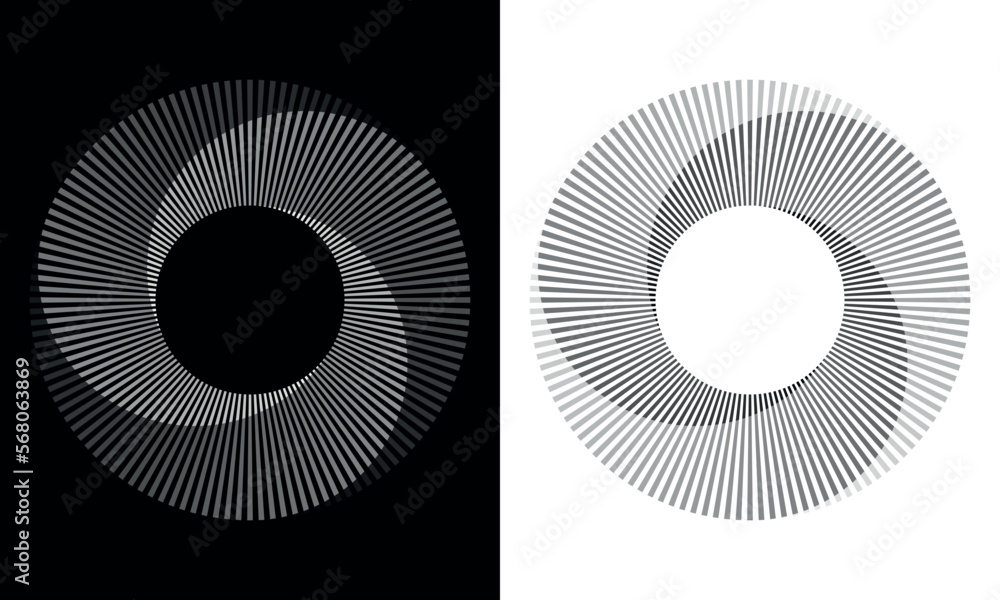 Fototapete Set of circles with lines. Lines in one color with different opacity. Black spiral on white background and white spiral on black background. Dynamic design element with 3 parts.