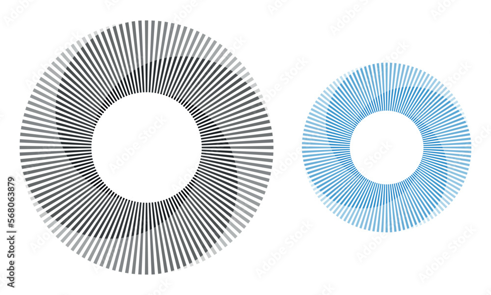 Poster Set of circles with lines. Lines in one color with different opacity. Black and blue spirals on white background. Dynamic design element with 4 parts.