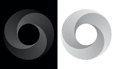 Set of circles with lines. Lines in one color with different opacity. Black spiral on white background and white spiral on black background. Dynamic design element with 3 parts.