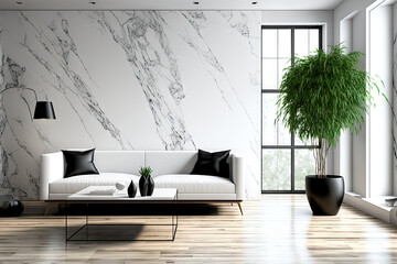 The décor of the contemporary basic living room features marble walls as a background. Generative AI