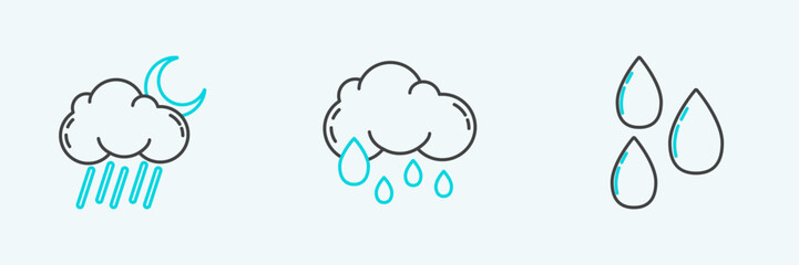 Set line Water drop, Cloud with rain and moon and icon. Vector