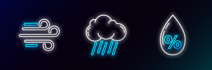 Set line Water drop percentage, Wind and Cloud with rain icon. Glowing neon. Vector